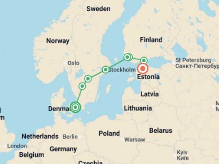 Map of Europe Tour with 5 destination visits for the trip: Jewels of Scandinavia End Tallinn