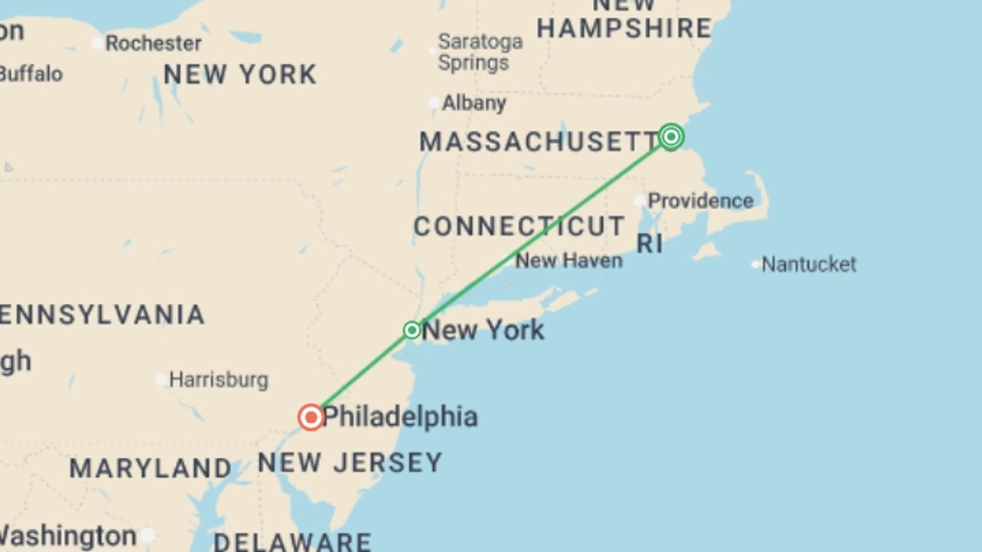 A map showing the tour itinerary for the trip: Boston, New York & Philly Foodie Adventure - 7 days, starting in Boston, USA and ending in Philadelphia, USA going through 1 other destinations.