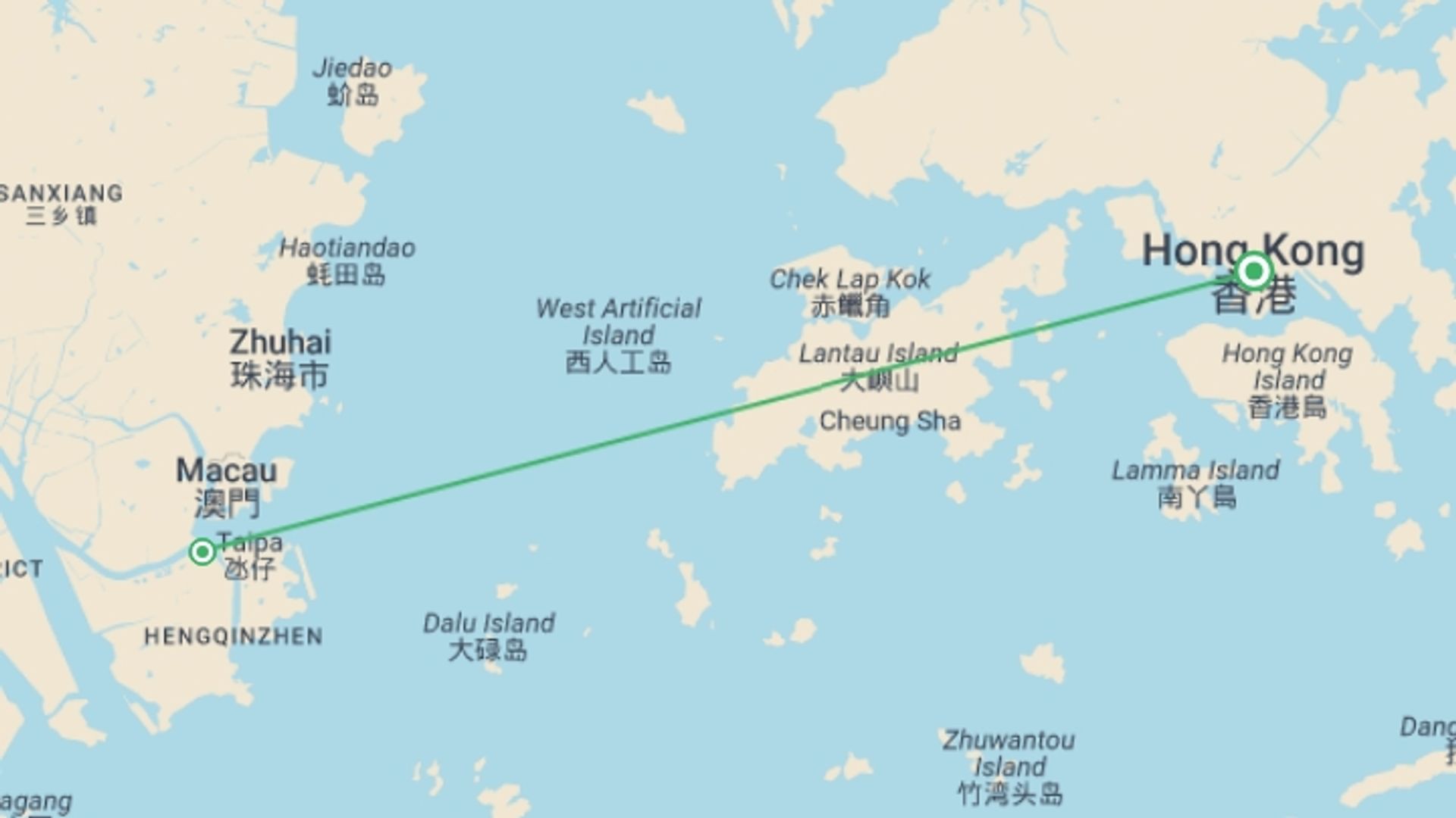 A map showing the tour itinerary for the trip: Magic of Macao, starting in Hong Kong, Hong Kong and ending in Hong Kong, Hong Kong going through 1 other destinations.