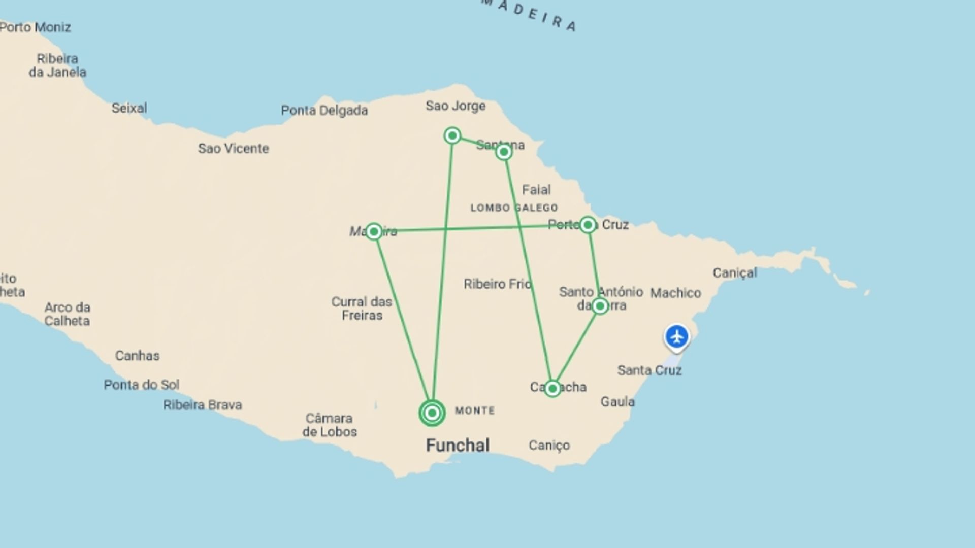 A map showing the tour itinerary for the trip: Madeira Island Walking, starting in Funchal, Portugal and ending in Funchal, Portugal going through 6 other destinations.