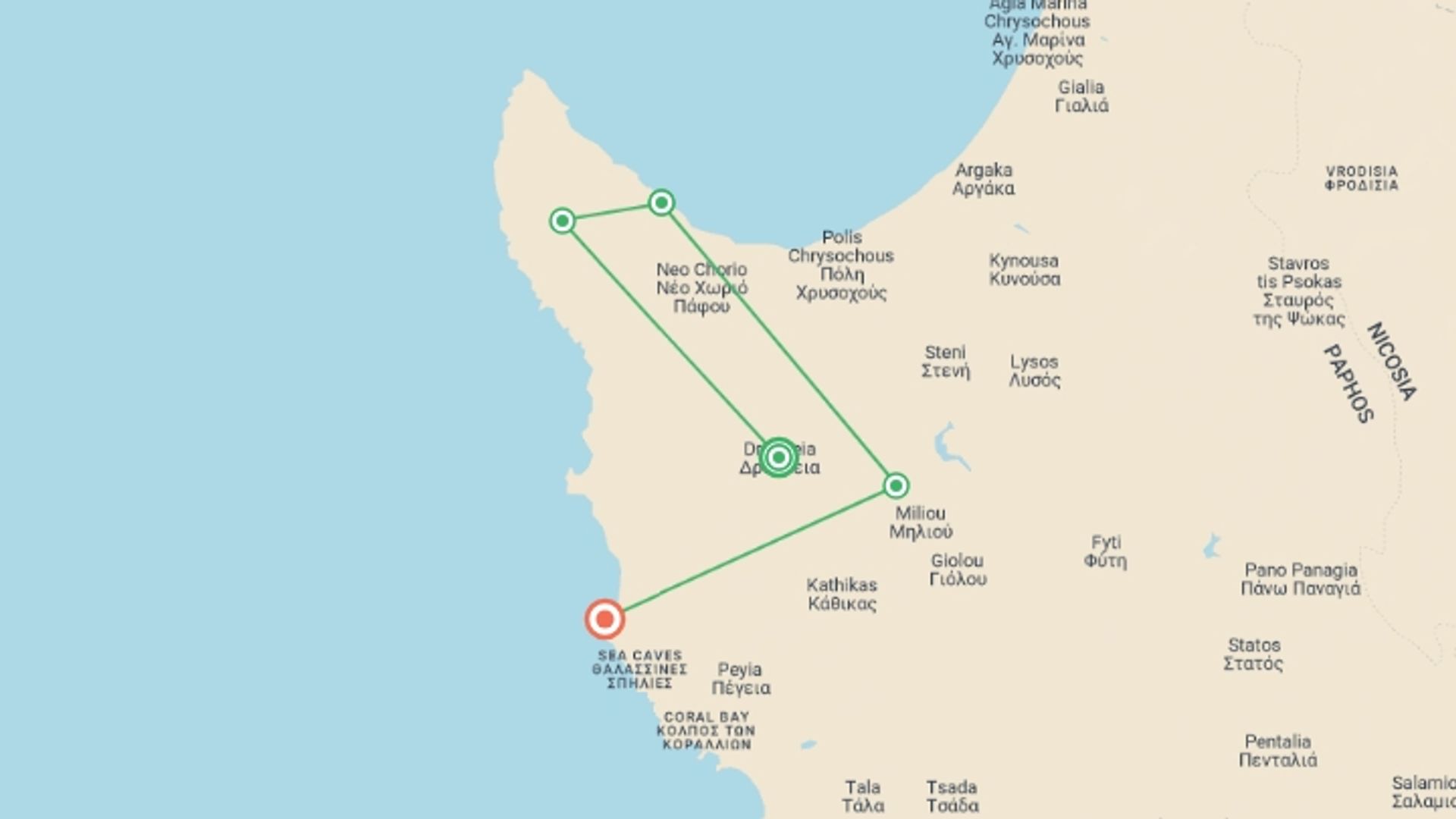 A map showing the tour itinerary for the trip: Cyprus Winter Walking, starting in Drouseia, Cyprus and ending in Agios Georgios Tis Pegeias, Cyprus going through 4 other destinations.