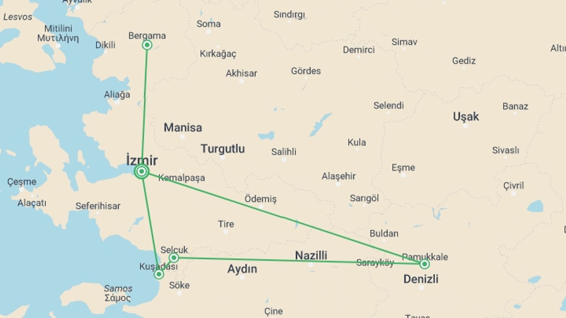 A map showing the tour itinerary for the trip: Seven Churches Of Revelation, starting in Izmir, Turkey and ending in Izmir, Turkey going through 2 other destinations.
