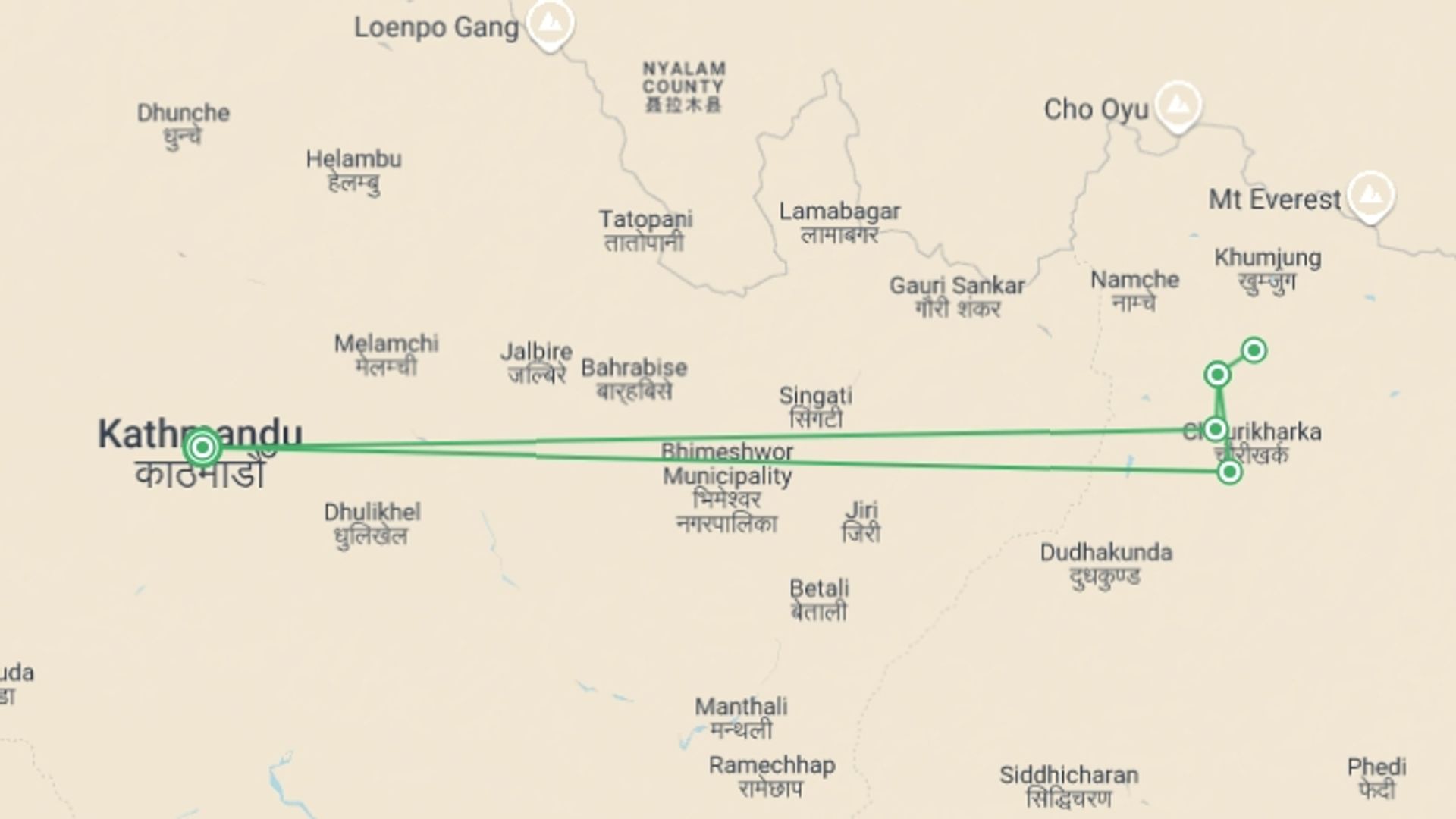 A map showing the tour itinerary for the trip: Everest Panorama View Trek, starting in Kathmandu, Nepal and ending in Kathmandu, Nepal going through 5 other destinations.