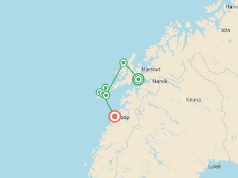 Map of Norway Tour with 8 destination visits for the trip: Hike the Lofoten and Vesterålen Islands