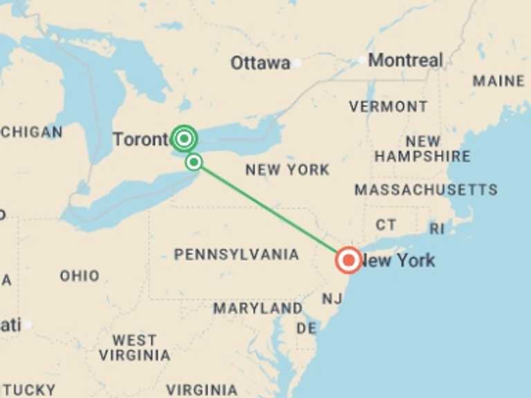Map itinerary of New York Tour in September 2026 with 2 destination visits for the trip: Toronto, Niagara and New York