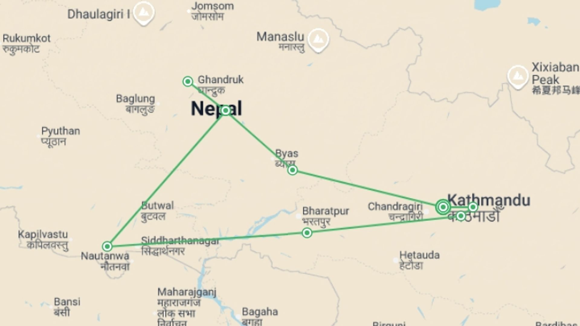A map showing the tour itinerary for the trip: Essential Nepal Adventure - 13 days, starting in Kathmandu, Nepal and ending in Kathmandu, Nepal going through 7 other destinations.