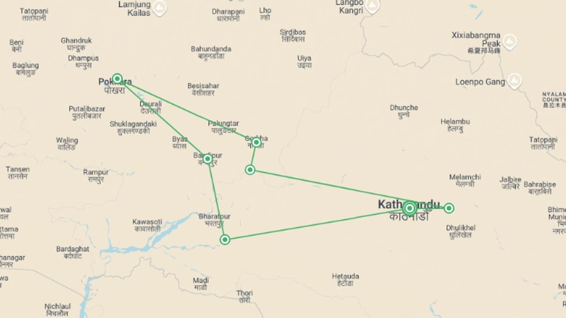 A map showing the tour itinerary for the trip: Discover Nepal, starting in Kathmandu, Nepal and ending in Kathmandu, Nepal going through 6 other destinations.
