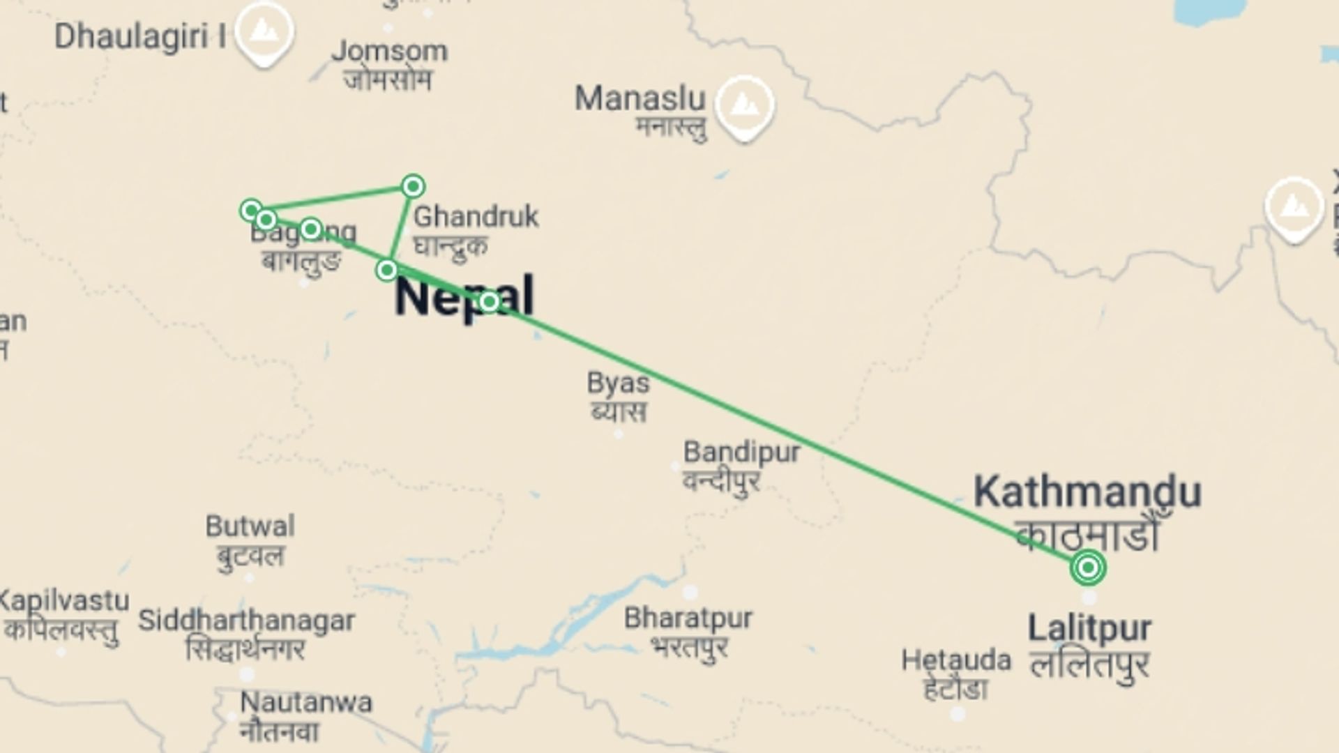 A map showing the tour itinerary for the trip: Mohare Danda Trek, starting in Kathmandu, Nepal and ending in Kathmandu, Nepal going through 6 other destinations.