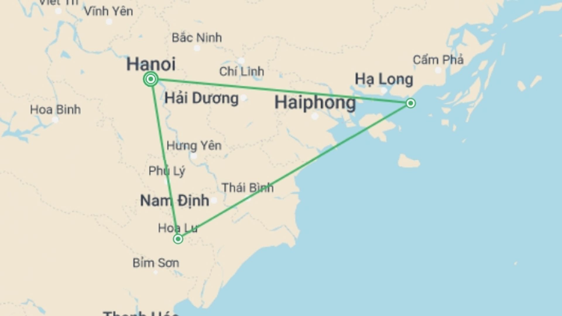 A map showing the tour itinerary for the trip: Hanoi - Ninh Binh - Halong - 4 Days, starting in Hanoi, Vietnam and ending in Hanoi, Vietnam going through 2 other destinations.