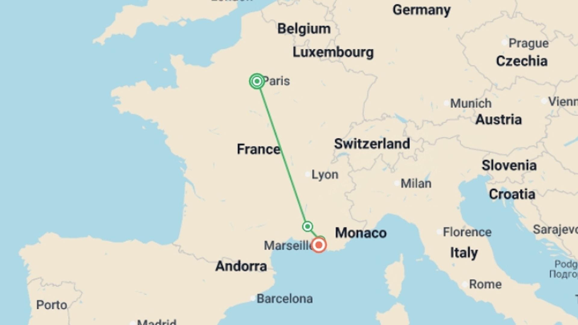 A map showing the tour itinerary for the trip: Scenic Paris and Provence Self Drive, starting in Paris, France and ending in Marseille, France going through 3 other destinations.
