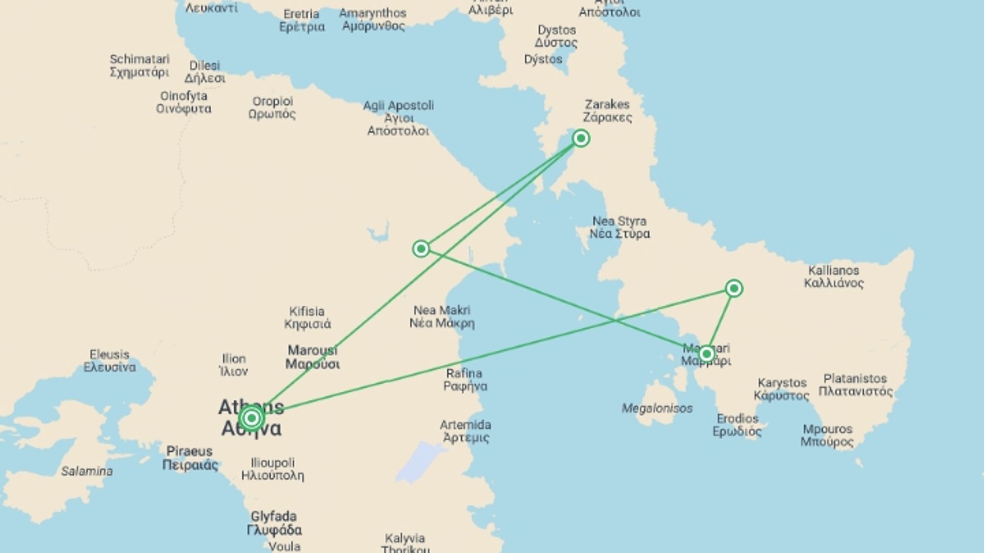A map showing the tour itinerary for the trip: Family Greek Coast Caique Cruise, starting in Athens, Greece and ending in Athens, Greece going through 4 other destinations.