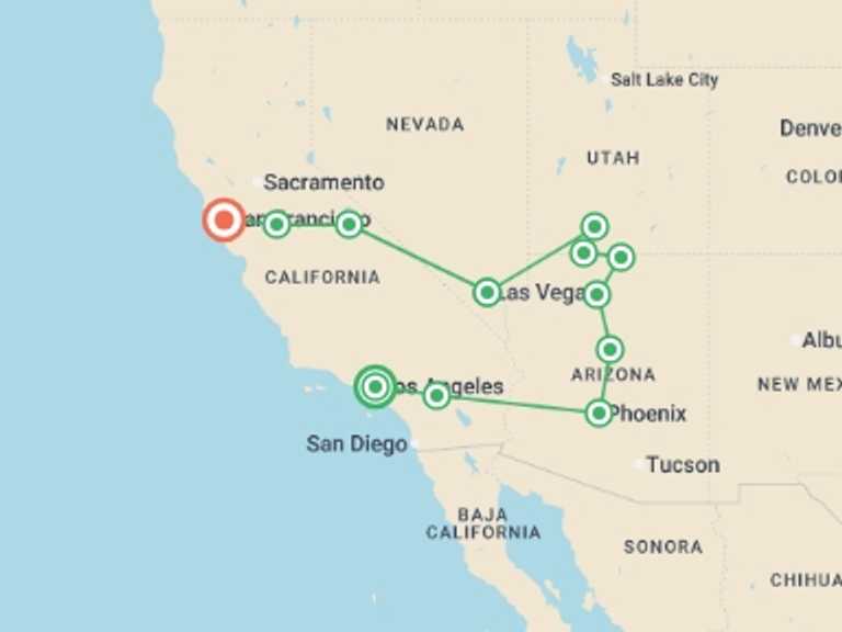 Map of Los Angeles Adventure Tour with 9 destination visits for the trip: Splendors of the West