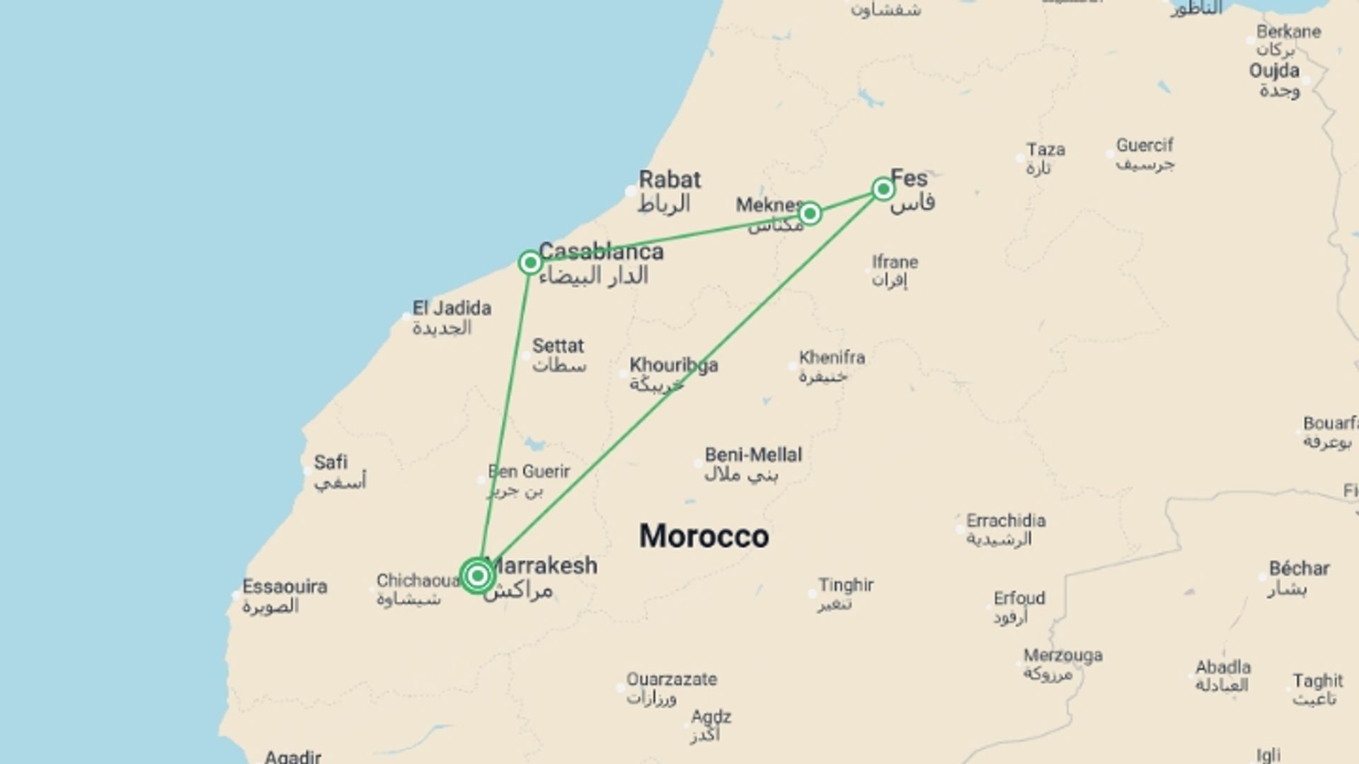 A map showing the tour itinerary for the trip: Marrakesh and Imperial Capitals, starting in Marrakech, Morocco and ending in Marrakech, Morocco going through 3 other destinations.
