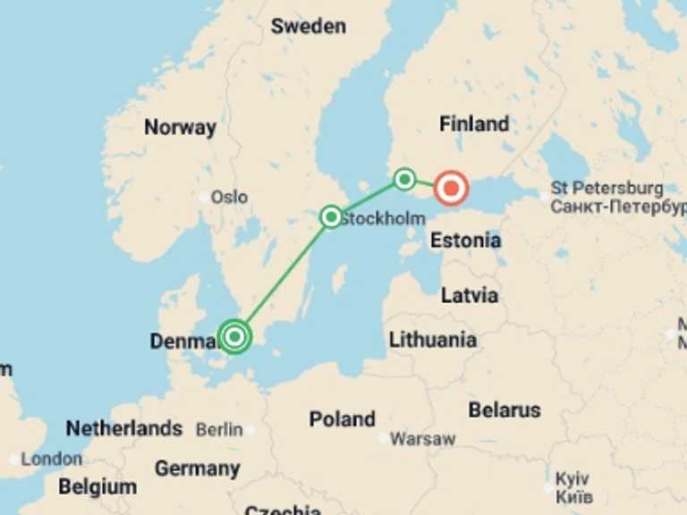 Map of Europe Tour with 4 destination visits for the trip: Jewels of Scandinavia End Helsinki