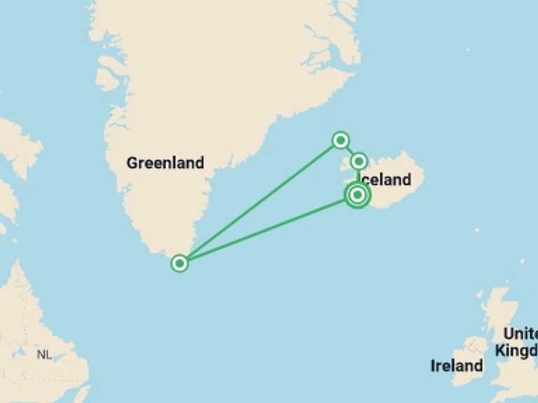 Map of Iceland Polar expeditions and cruise Tour with 4 destination visits for the trip: Iceland to Greenland: Mountains, Glaciers and the Westfjords
