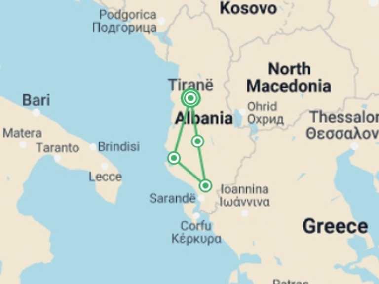 Map of Tirana Explorer Tour with 4 destination visits for the trip: Albania Discovery