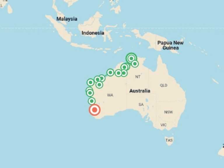 Map of Darwin National parks Tour with 17 destination visits for the trip: Untamed Kimberley and West Coast