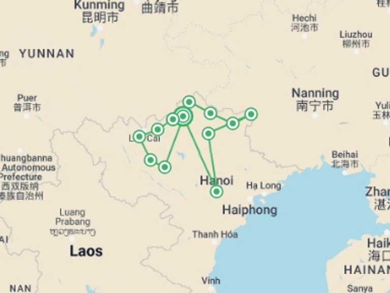 Map itinerary of Hanoi Tour in Winter with 9 destination visits for the trip: Immersive Remote North Vietnam 9 Days 8 Nights