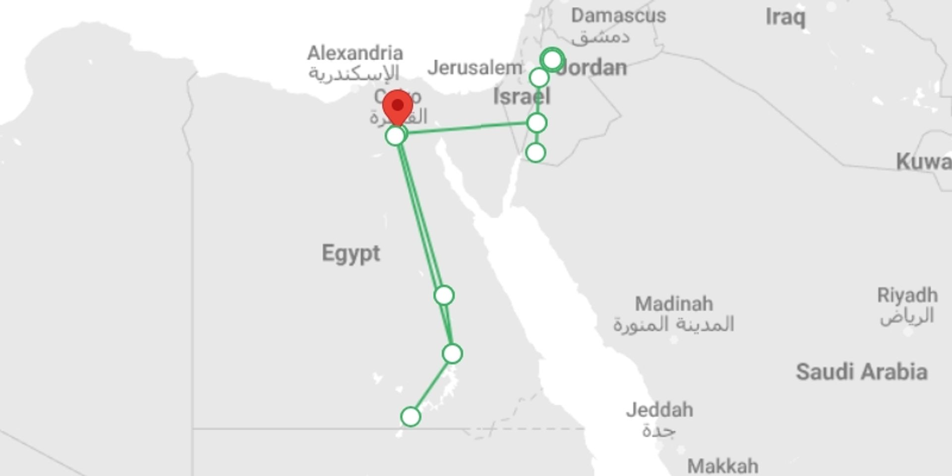 A map showing the tour itinerary for the trip: Jordan to Egypt: Nabateans & Pharaohs, starting in Amman, Jordan and ending in Cairo, Egypt going through 7 other destinations.