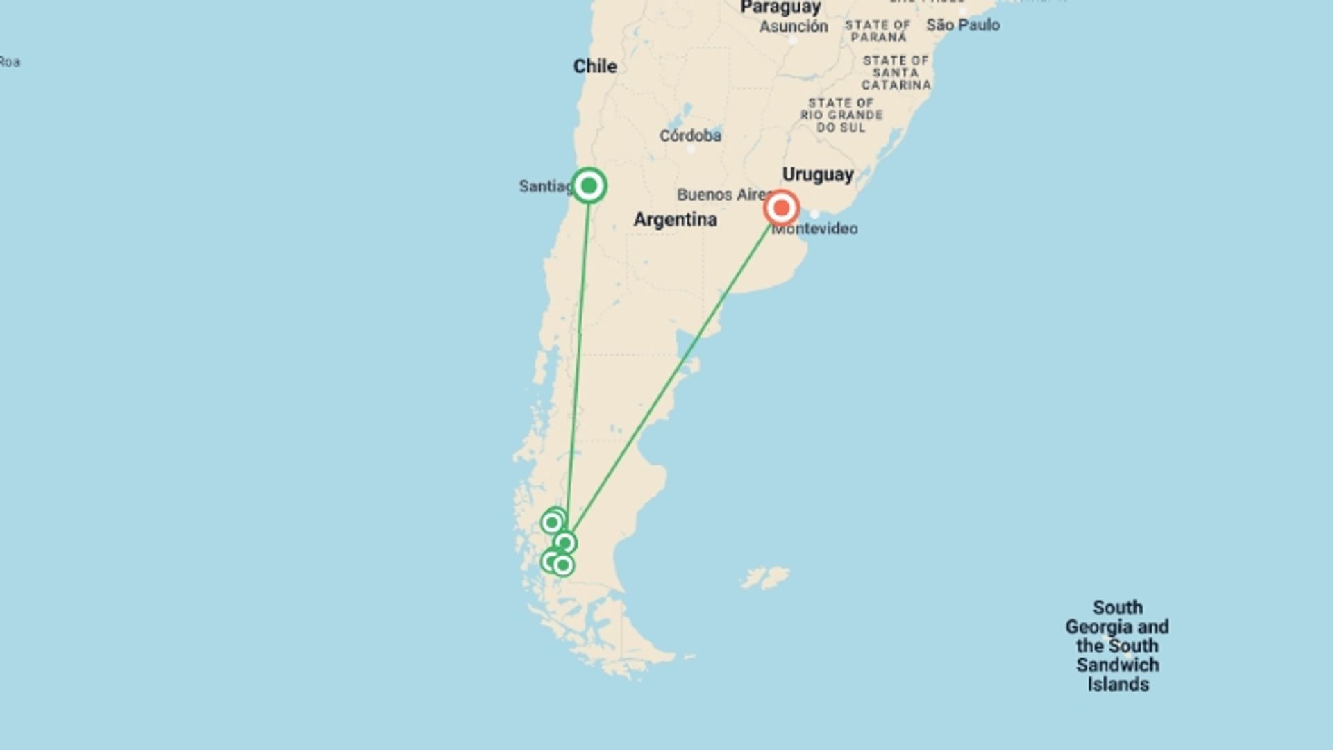 A map showing the tour itinerary for the trip: Classic Patagonia Treks, starting in Santiago, Chile and ending in Buenos Aires, Argentina going through 10 other destinations.