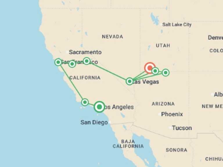 Map of North America Tour with 8 destination visits for the trip: Grand Canyon & West Coast Explorer - 7 days