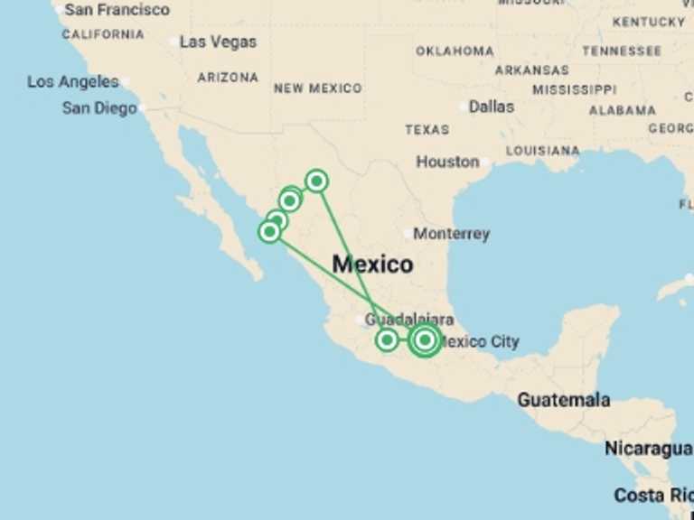 Map of Mexico City Explorer Tour with 7 destination visits for the trip: Center and North: Mexico in Two Destinations