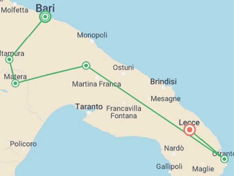 Map itinerary of Bari Tour in April 2026 with 6 destination visits for the trip: Highlights of Puglia