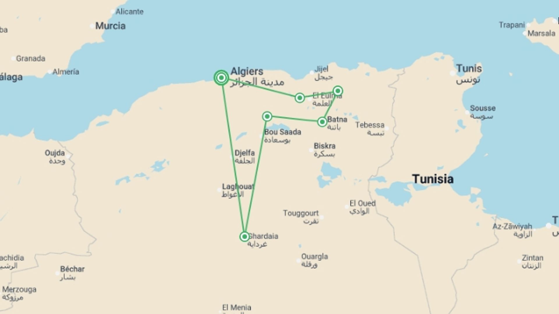 A map showing the tour itinerary for the trip: Wonders of Ancient Algeria and the M’Zab Valley, starting in Algiers, Algeria and ending in Algiers, Algeria going through 5 other destinations.