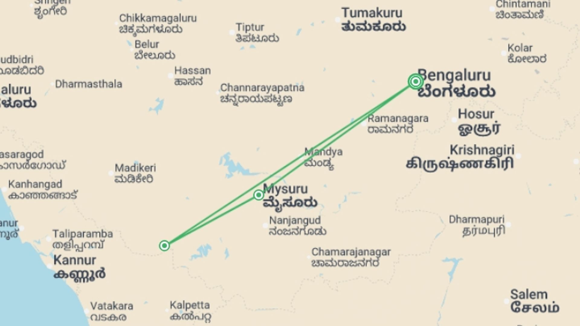 A map showing the tour itinerary for the trip: Bangalore, Mysore & Nagarhole - 8 days, starting in Bangalore, India and ending in Bangalore, India going through 2 other destinations.