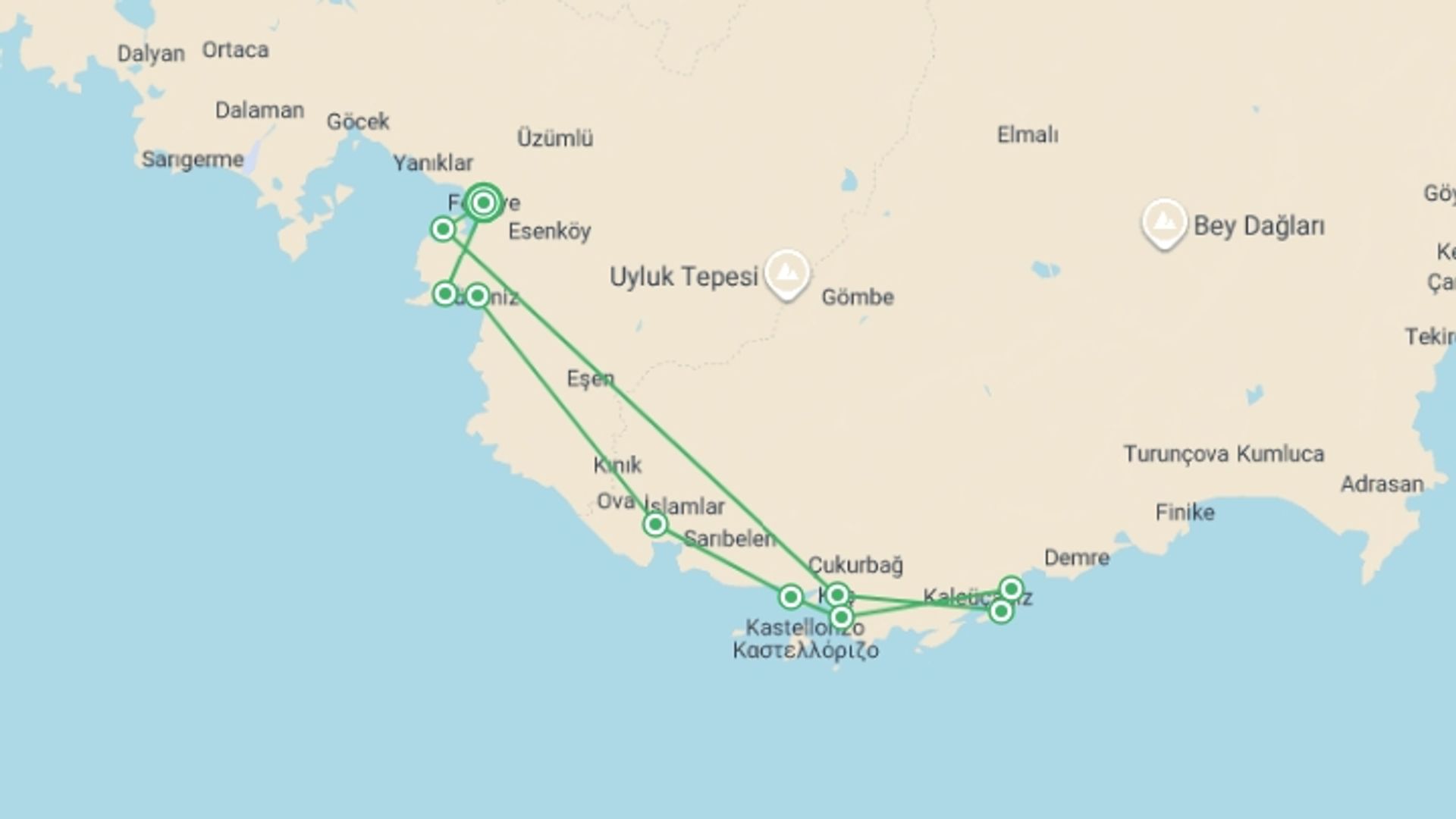 A map showing the tour itinerary for the trip: Turkey Family Cruise - 7 days, starting in Fethiye, Turkey and ending in Fethiye, Turkey going through 6 other destinations.