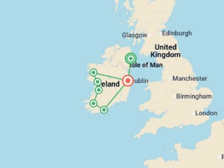 Map itinerary of Europe Tour in June 2026 with 7 destination visits for the trip: The Ultimate Ireland Rail Experience