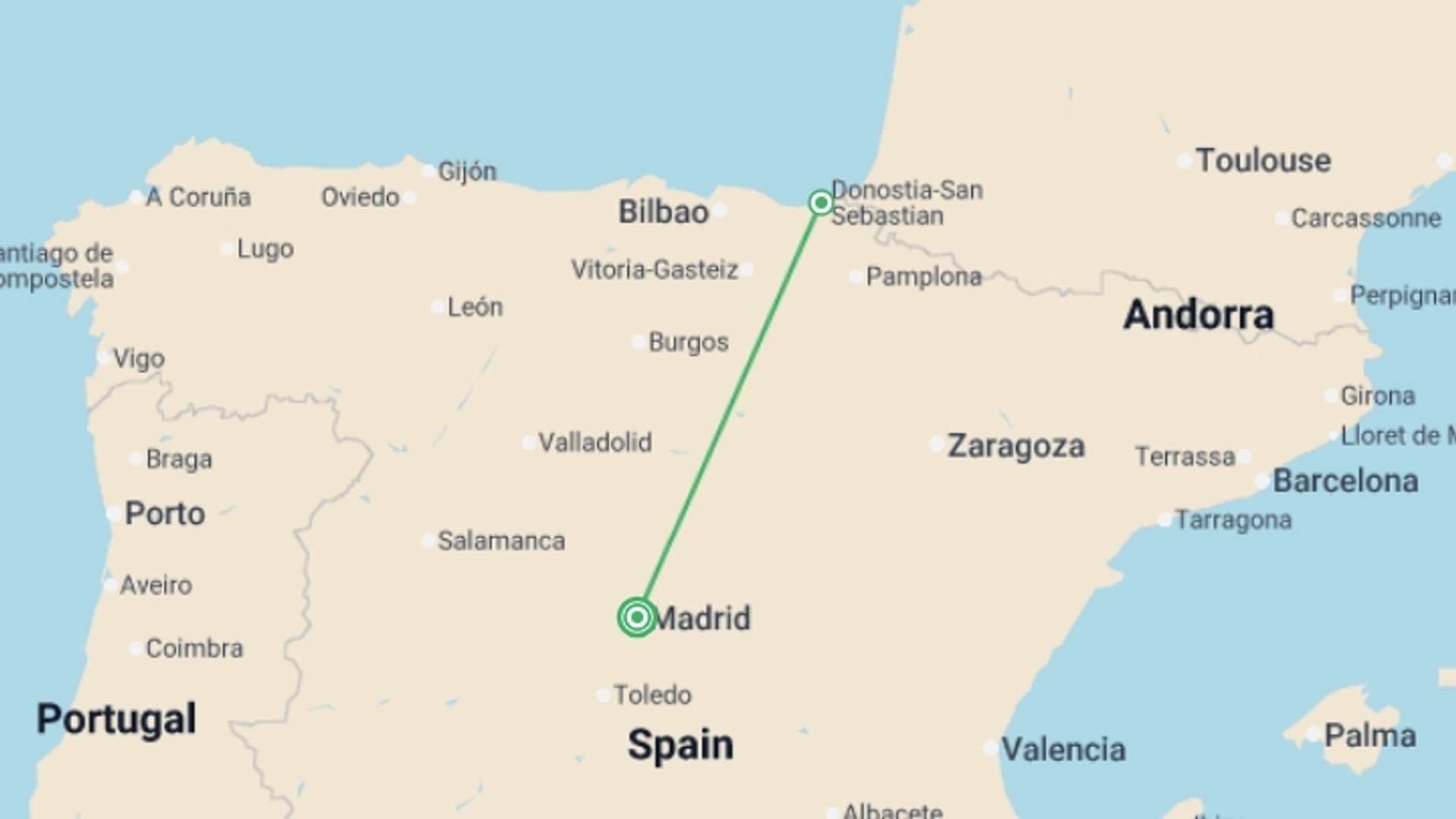 A map showing the tour itinerary for the trip: Basque Country from Madrid, starting in Madrid, Spain and ending in Madrid, Spain going through 1 other destinations.