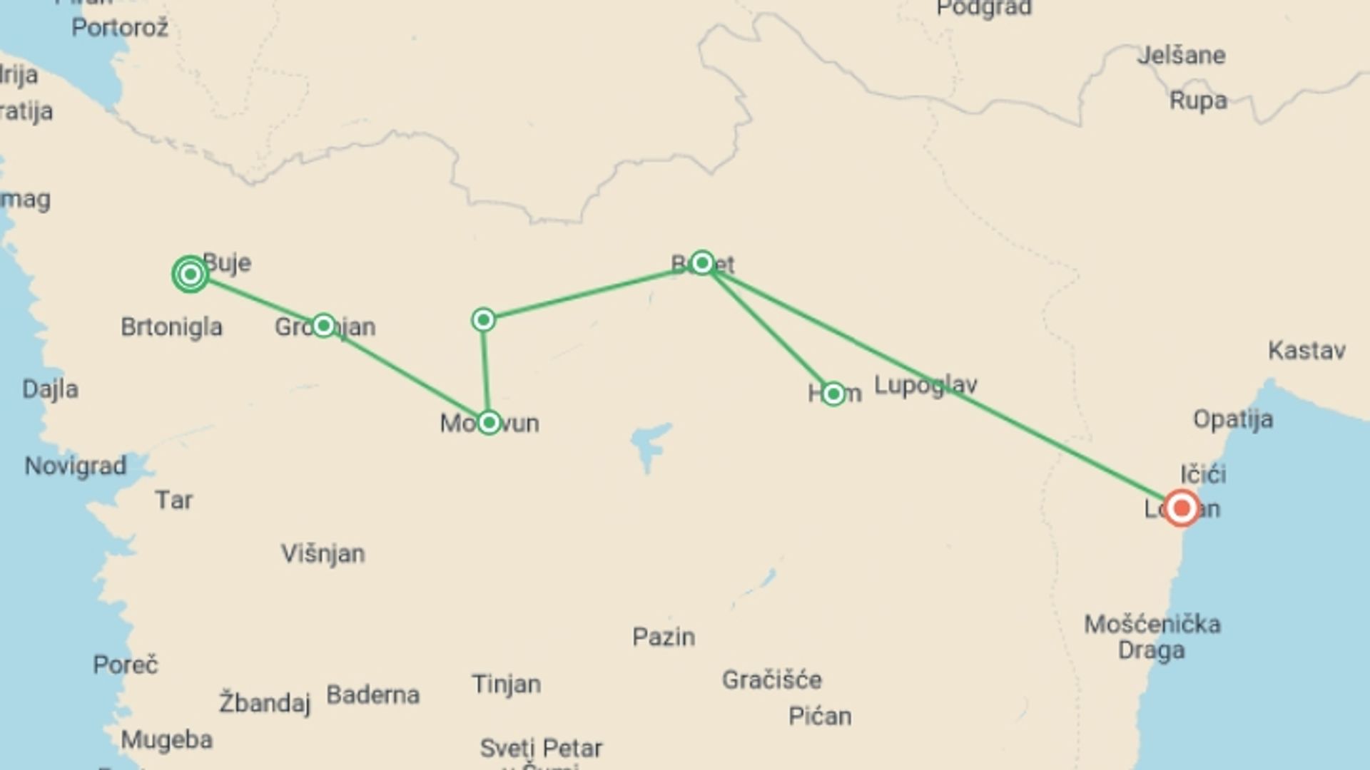 A map showing the tour itinerary for the trip: Villages of Istria Walk, starting in Buje, Croatia and ending in Lovran, Croatia going through 3 other destinations.
