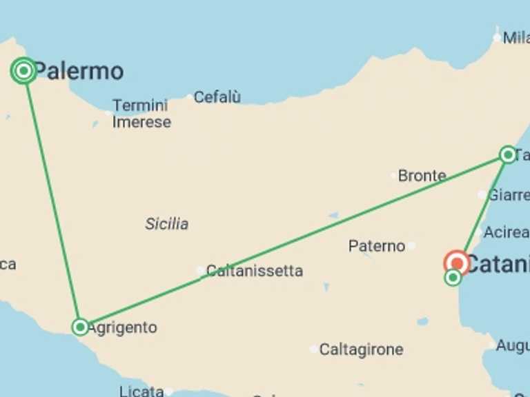Map itinerary of Italy Tour in June 2026 with 5 destination visits for the trip: Sicily Discovery - 7 days
