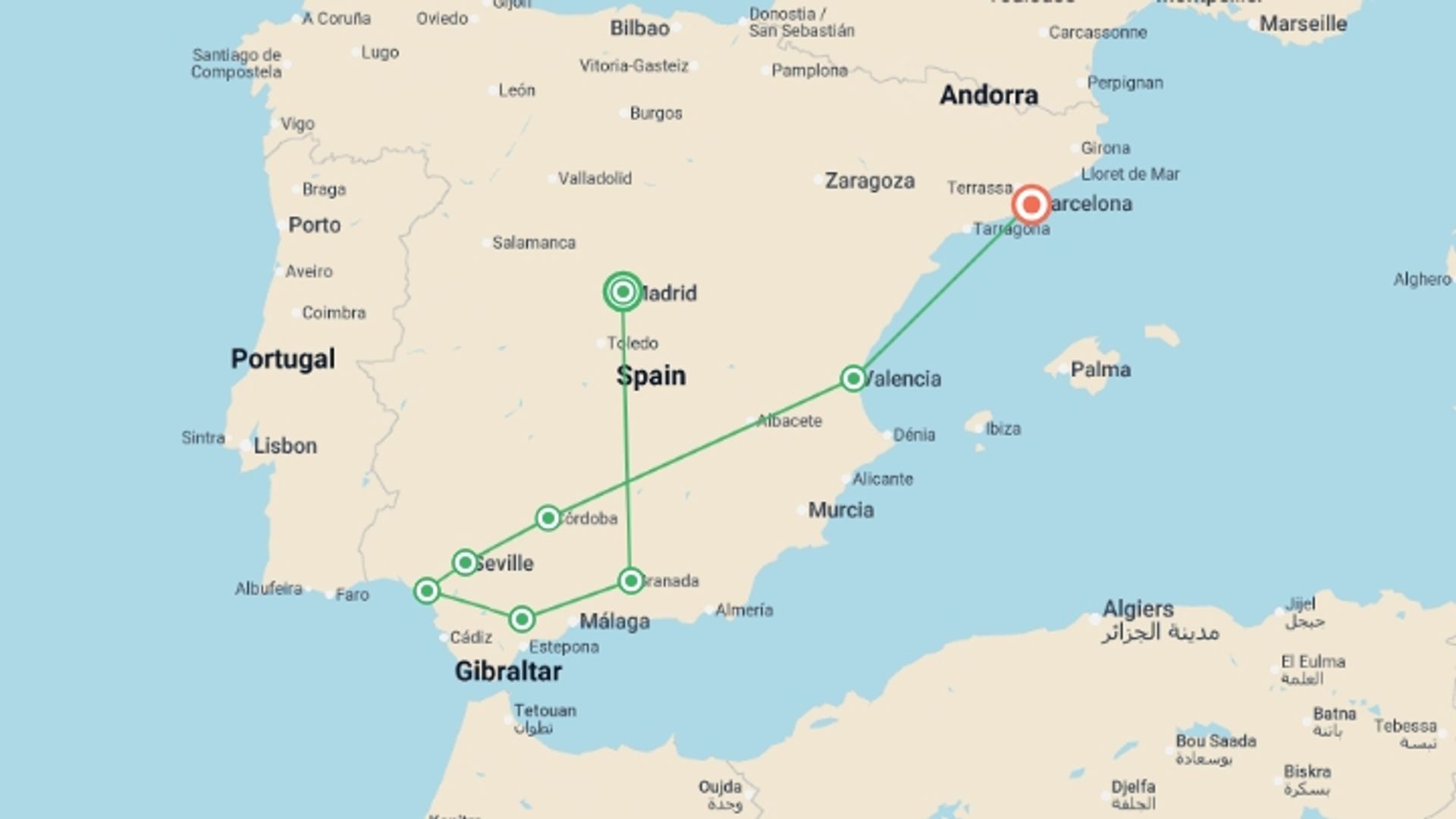 A map showing the tour itinerary for the trip: Best of Spain, starting in Madrid, Spain and ending in Barcelona, Spain going through 6 other destinations.