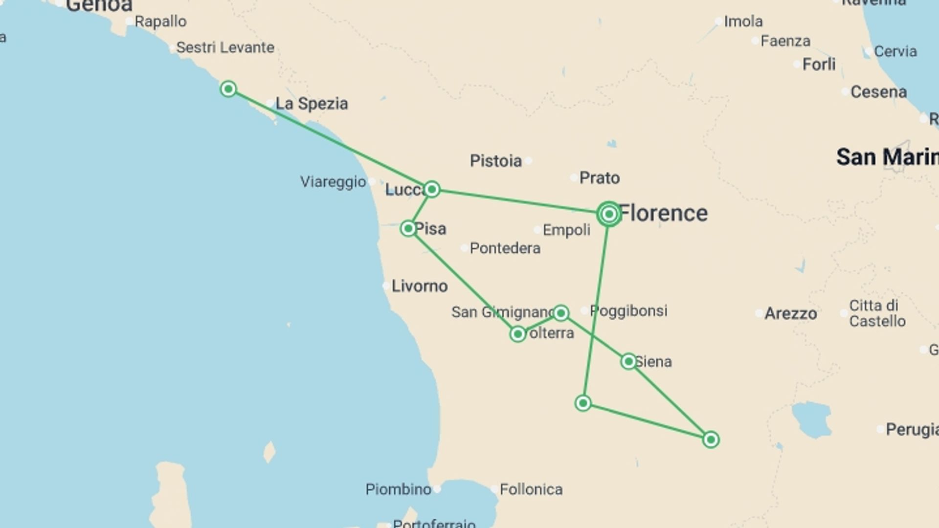 A map showing the tour itinerary for the trip: Tuscan Treats, starting in Florence, Italy and ending in Florence, Italy going through 4 other destinations.