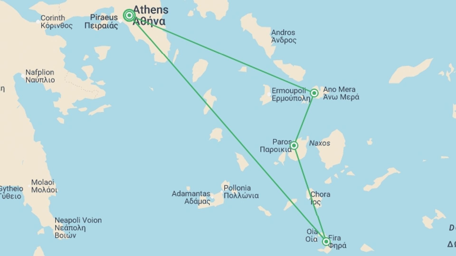 A map showing the tour itinerary for the trip: Greek Islands: Sunsets & Sea Breezes, starting in Athens, Greece and ending in Athens, Greece going through 3 other destinations.