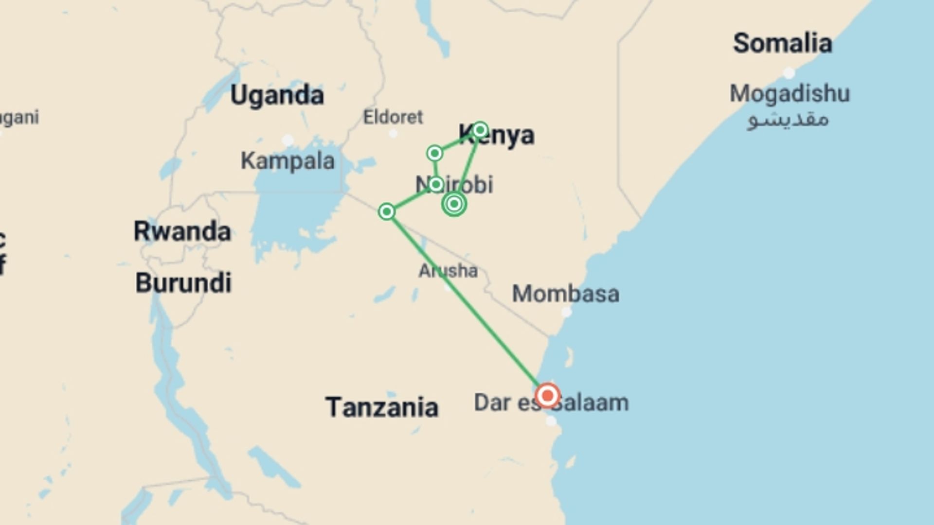 A map showing the tour itinerary for the trip: Scenic Kenya and Zanzibar, starting in Nairobi, Kenya and ending in Zanzibar, Tanzania going through 3 other destinations.
