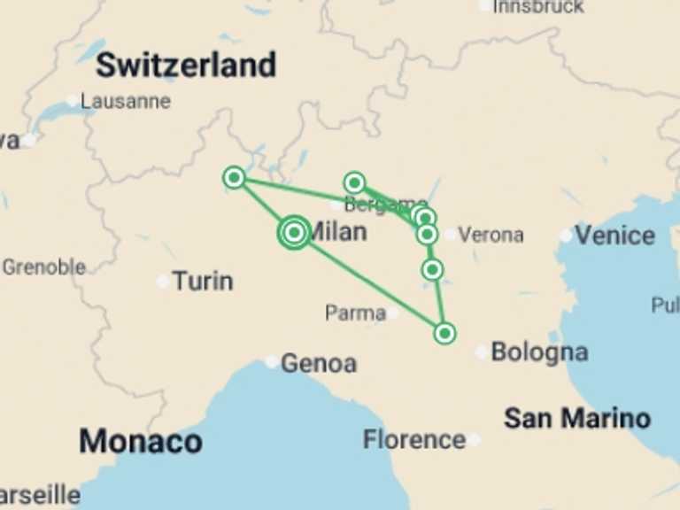 Map of Europe Cultural, religious and historic sites Tour with 7 destination visits for the trip: Northern Italian Lakes & Countryside