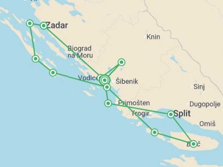 Map itinerary of Split Tour in Summer with 7 destination visits for the trip: Dalmatian Highlights Zadar And Split Region Cruise (standard Boat Category)