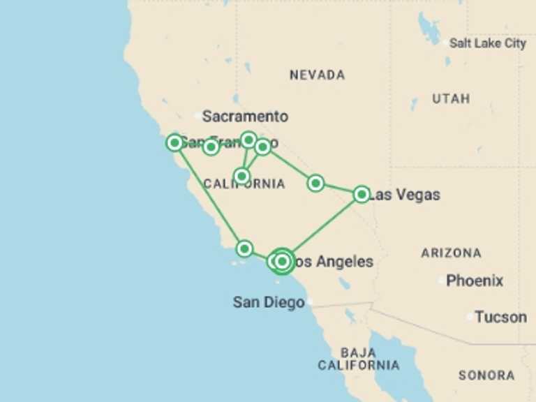 Map of Mammoth Lakes Tour with 6 destination visits for the trip: Los Angeles, Mojave & Yosemite - 8 days