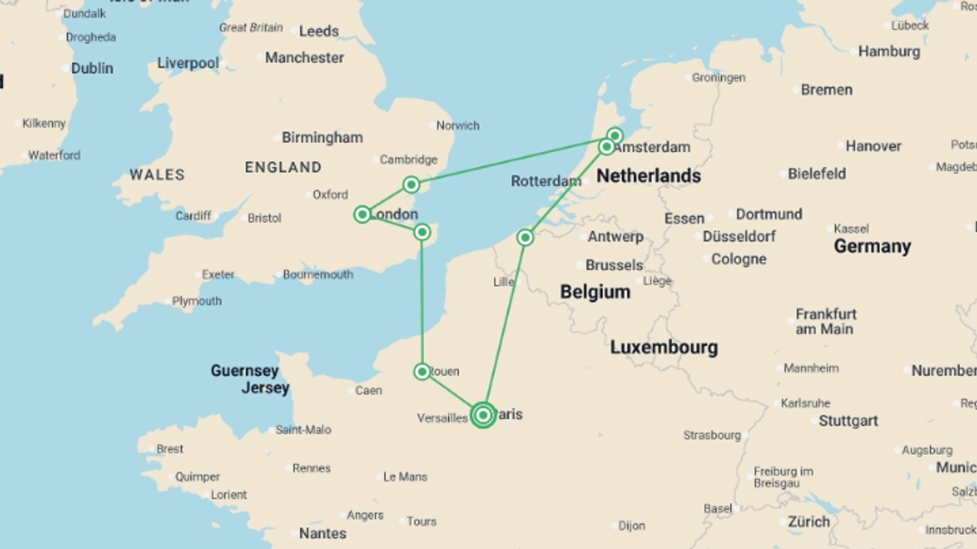 A map showing the tour itinerary for the trip: European Triangle ROT, starting in Paris, France and ending in Paris, France going through 4 other destinations.