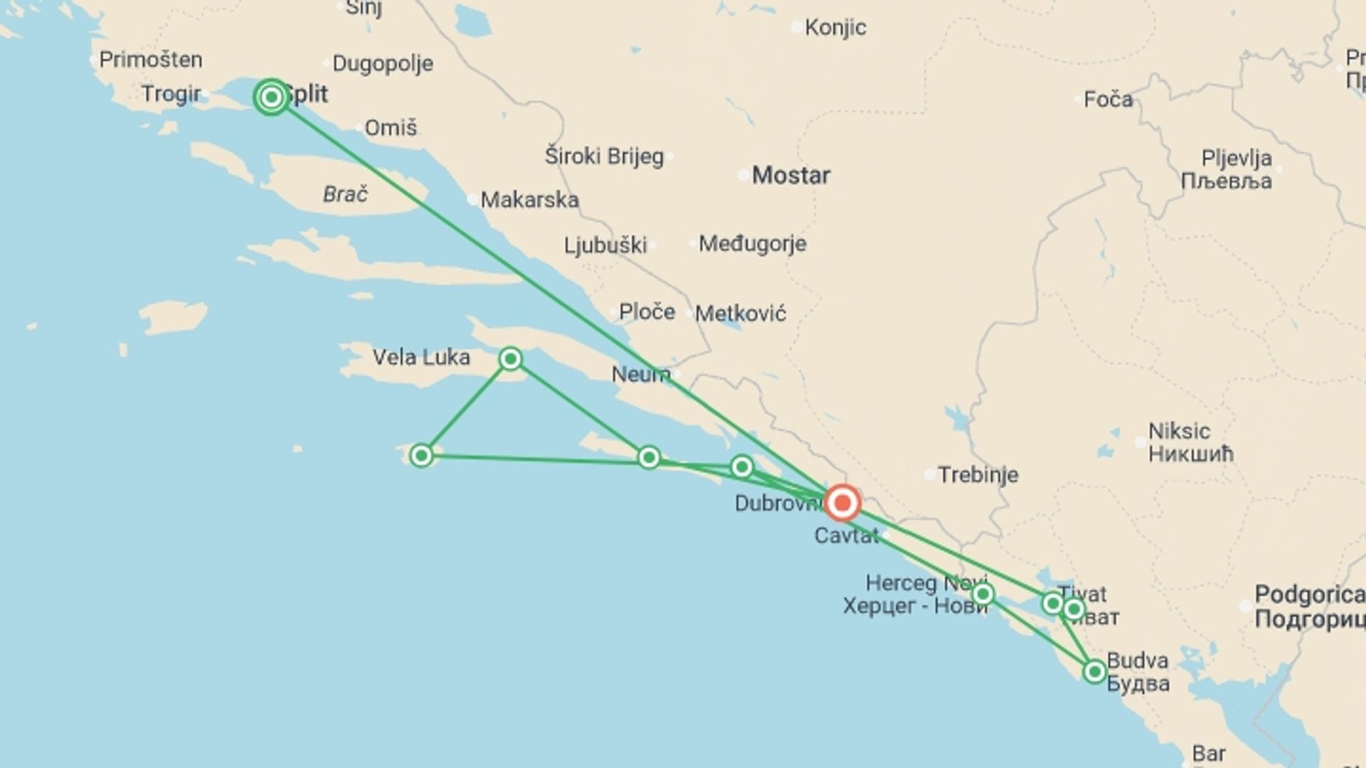 A map showing the tour itinerary for the trip: Croatia and Montenegro Sailing Adventure, starting in Split, Croatia and ending in Dubrovnik, Croatia going through 8 other destinations.