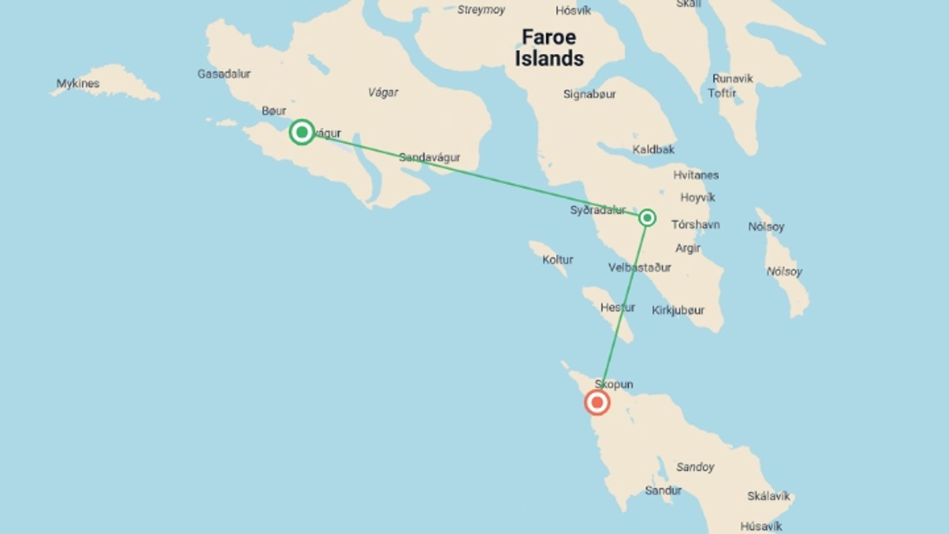 A map showing the tour itinerary for the trip: Faroe Islands Express - 5 days, starting in Sørvágur, Denmark and ending in Faroe Islands, Denmark going through 1 other destinations.