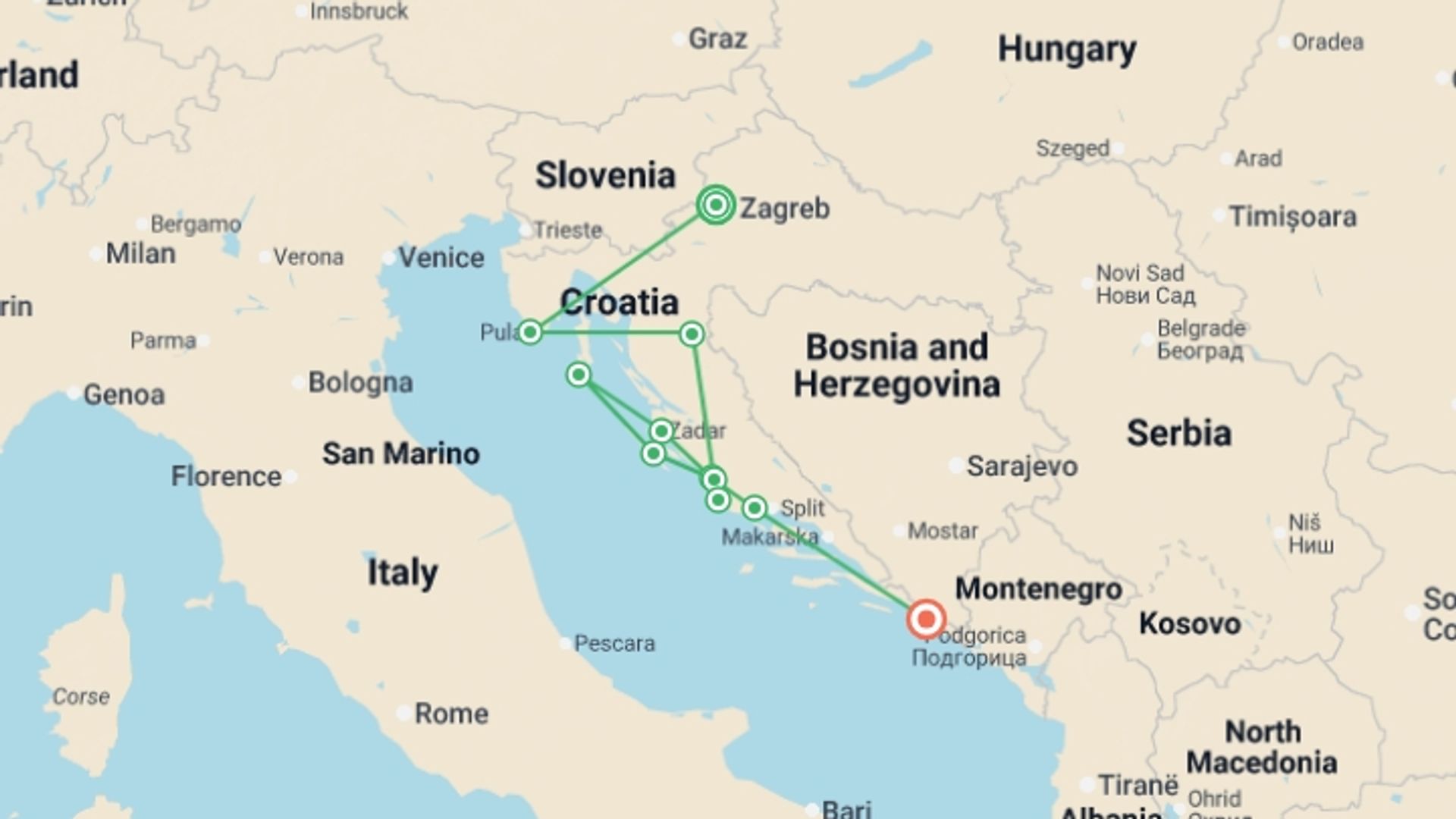 A map showing the tour itinerary for the trip: Croatia and the Dalmatian Coast, starting in Zagreb, Croatia and ending in Dubrovnik, Croatia going through 9 other destinations.