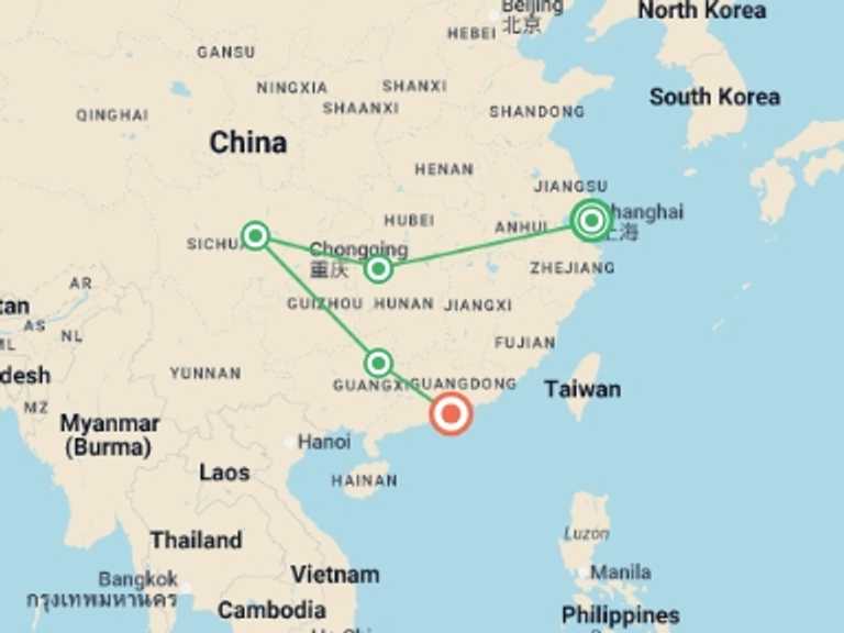 Map of Chengdu Explorer Tour with 5 destination visits for the trip: Journeys: Pandas & the Peaks of Zhangjiajie