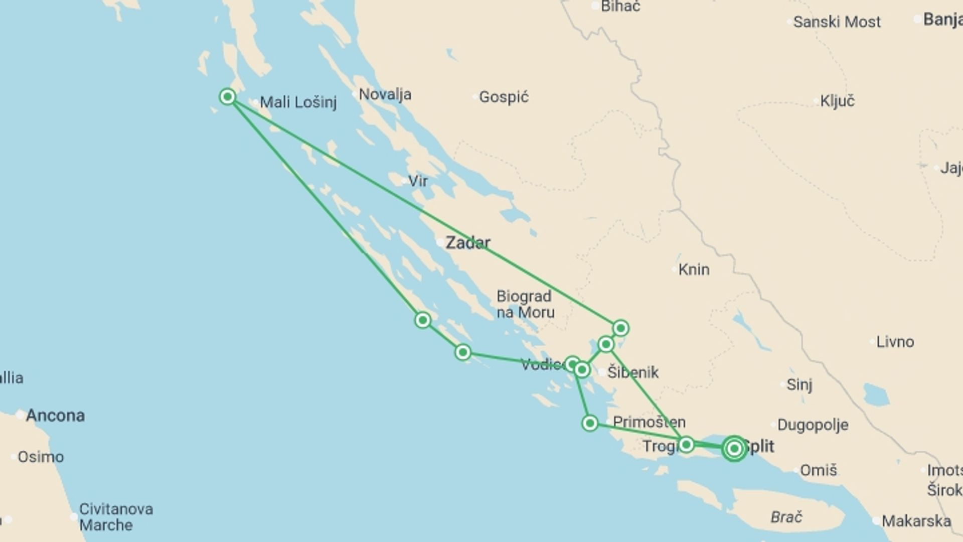 A map showing the tour itinerary for the trip: Split to Split (Deluxe Superior) - 8 days, starting in Split, Croatia and ending in Split, Croatia going through 6 other destinations.