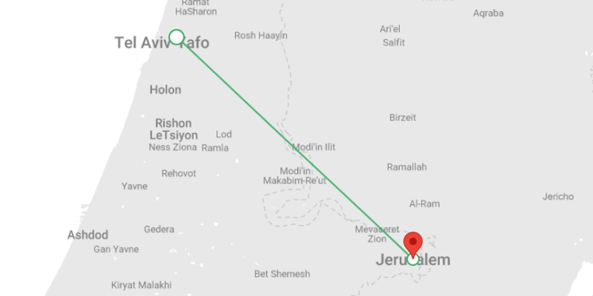 A map showing the tour itinerary for the trip: Christian Jerusalem Tour, 2 Days From Tel Aviv, starting in Tel Aviv, Israel and ending in Jerusalem, Israel going through 0 other destinations.