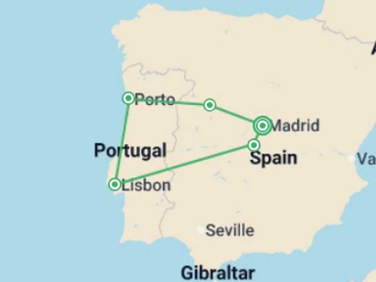 Map itinerary of Europe Tour in Spring with 5 destination visits for the trip: The Charms Of Spain And Portugal (multi Country), German-speaking Guide