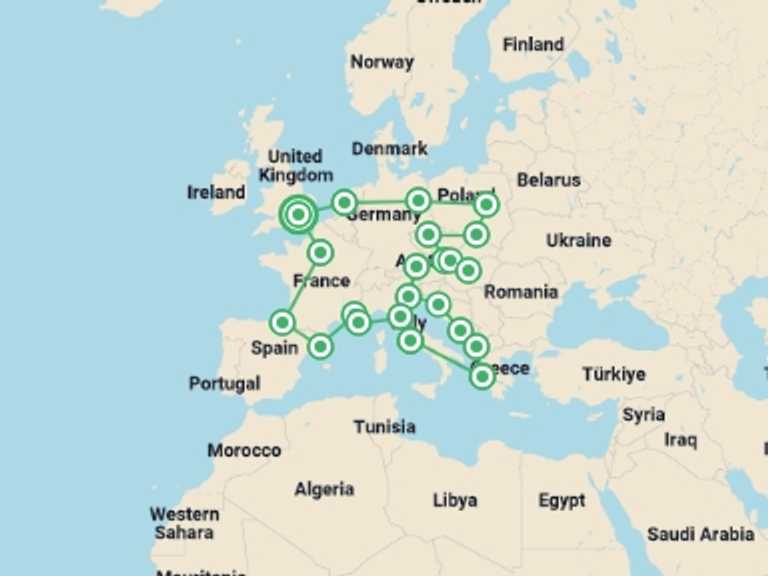 Map of Budapest Tour with 22 destination visits for the trip: Mega European